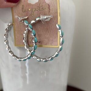 LU Gaeta Oval Faux turquoise set in silvertone,hoop post earrings,Western,Boho
